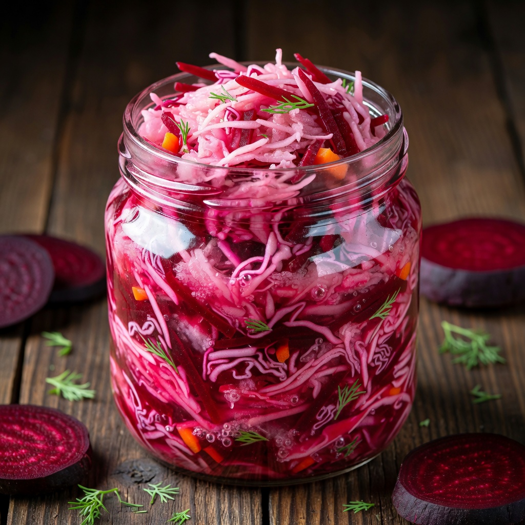Vibrant pink and magenta beet sauerkraut in a glass jar, beautiful deep color from fermented beets