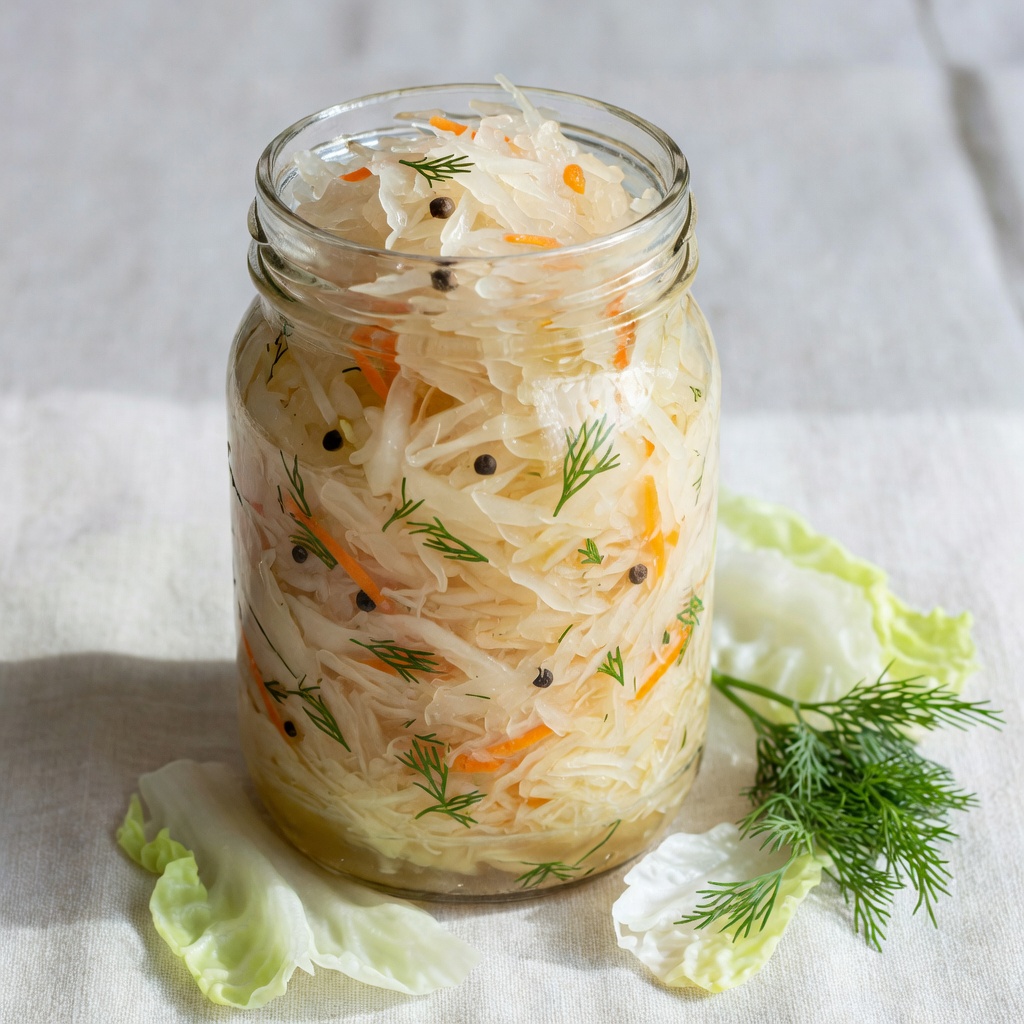 Classic Russian sauerkraut in a glass jar showing shredded cabbage and bright orange carrot strips