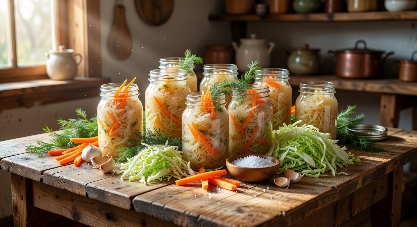 Rustic cottage kitchen with jars of beautiful Russian sauerkraut on a wooden table bathed in warm sunlight
