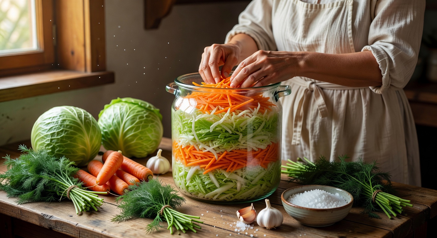 Hands carefully packing fresh shredded cabbage into a large fermentation jar