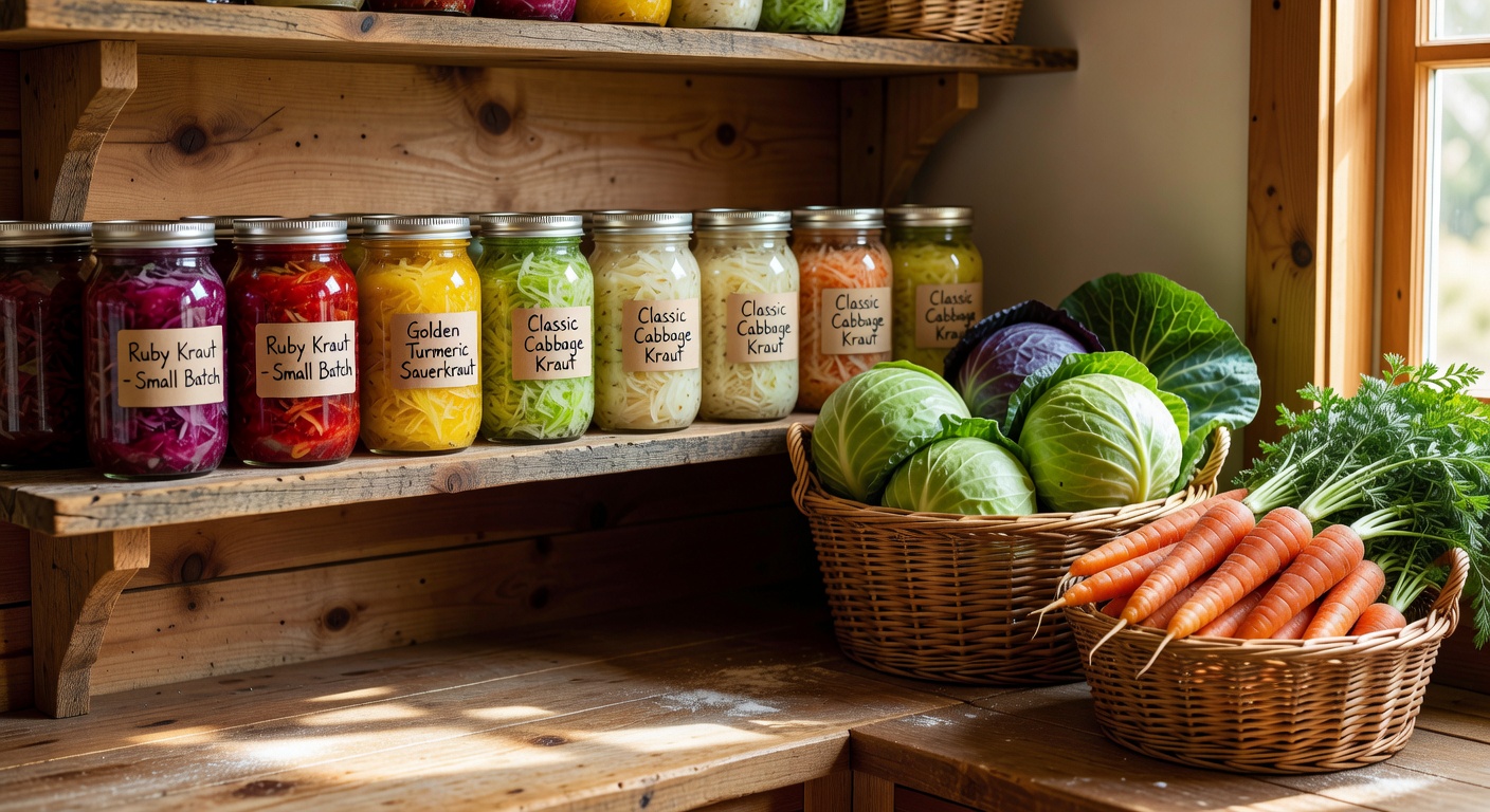 Beautiful wooden shelf displaying jars of colorful homemade sauerkraut varieties