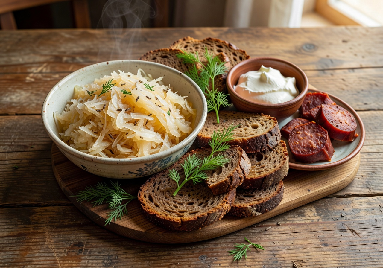 Rustic table with a bowl of sauerkraut served alongside rye bread and traditional sides