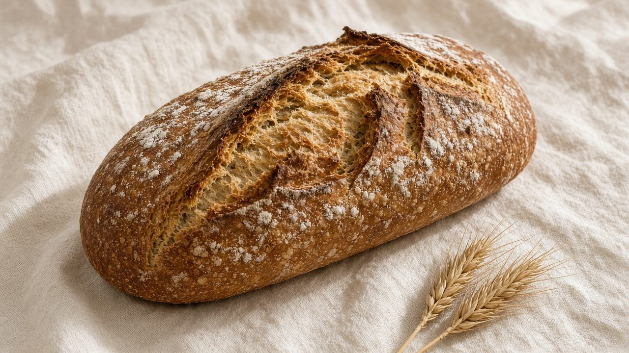 Whole oval sourdough loaf with a rustic split down the center
