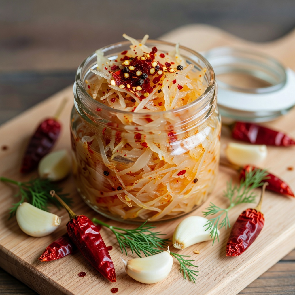 Spicy Russian sauerkraut with chili flakes and garlic in a glass jar, appetizing reddish tint